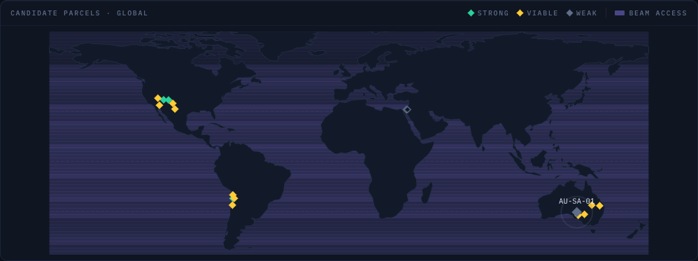 BeamDesk candidate-parcel map showing orbit-aware ground regions and ranked simulated sites.